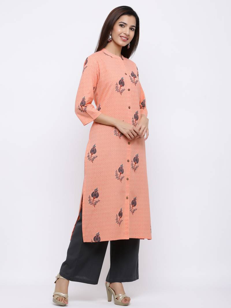 Women's Peach  Cotton Floral Print Straight Kurta & Palazzo Set