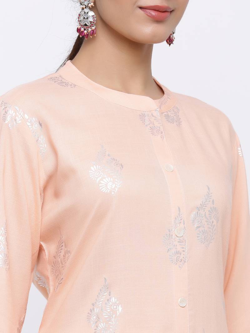 Women's Peach  Rayon Foil Print Straight Kurta & Palazzo Set