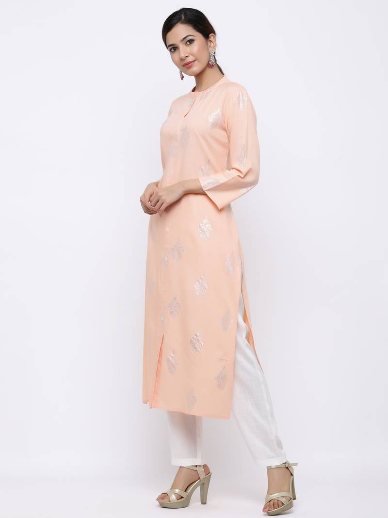 Women's Peach  Rayon Foil Print Straight Kurta & Palazzo Set