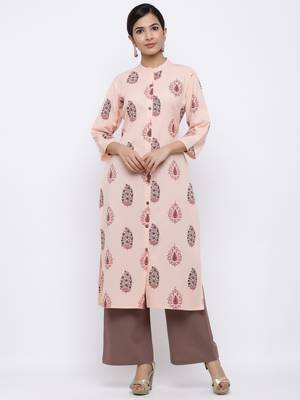 Women's Peach  Cotton Floral Print Straight Kurta & Palazzo Set 1