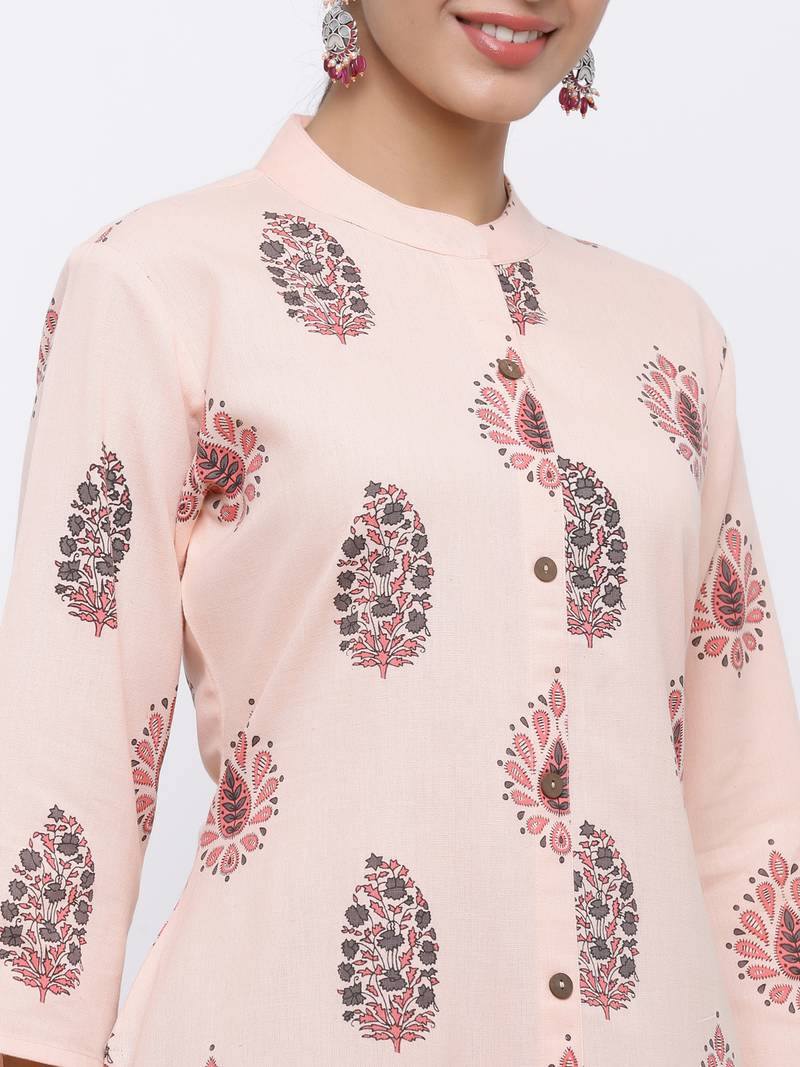 Women's Peach  Cotton Floral Print Straight Kurta & Palazzo Set