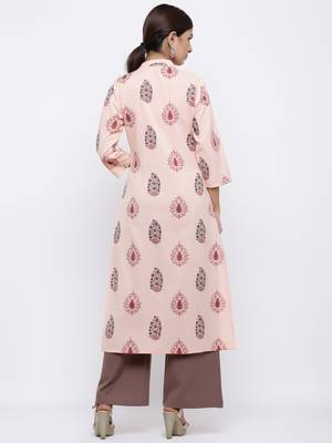 Women's Peach  Cotton Floral Print Straight Kurta & Palazzo Set 3