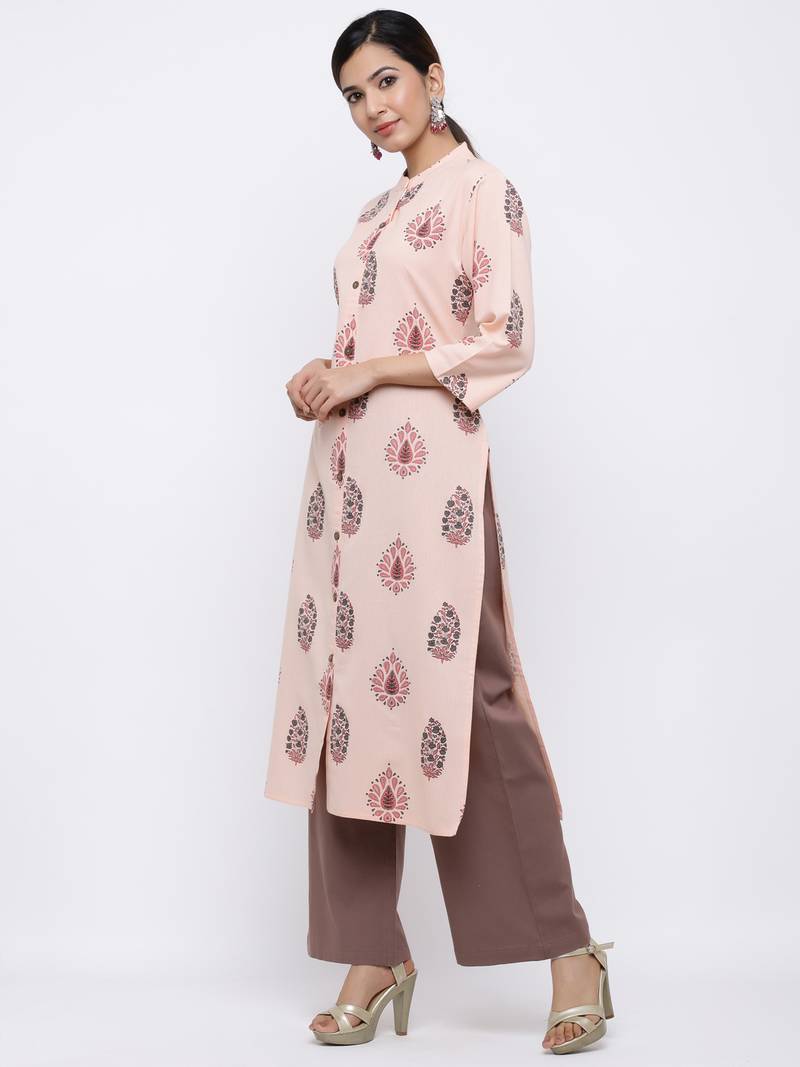 Women's Peach  Cotton Floral Print Straight Kurta & Palazzo Set