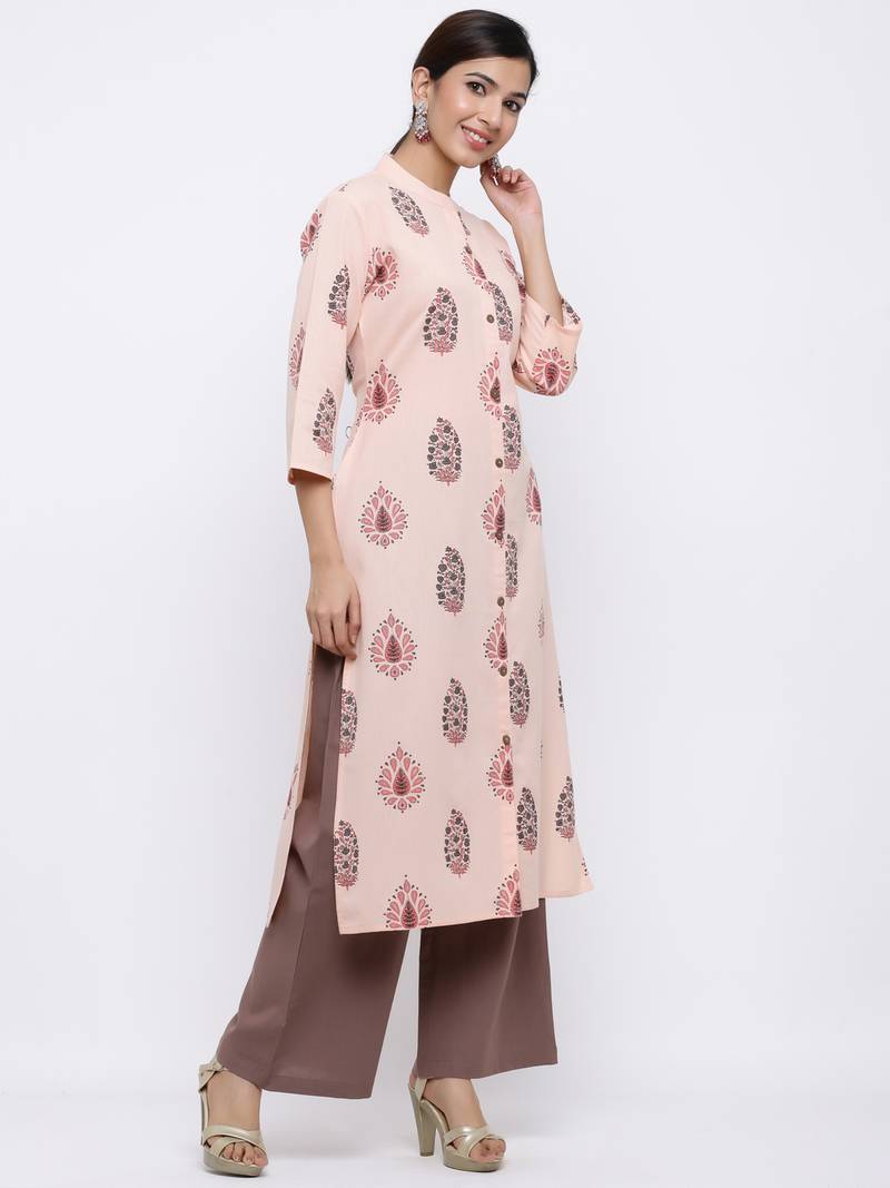 Women's Peach  Cotton Floral Print Straight Kurta & Palazzo Set