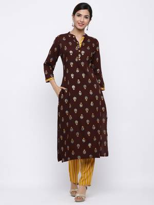 Women's Dark Brown  Cotton Gold Printed Straight Kurta & Palazzo Set 1