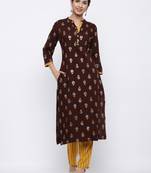 Women's Dark Brown  Cotton Gold Printed Straight Kurta & Palazzo Set