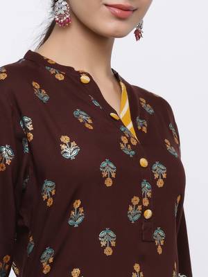 Women's Dark Brown  Cotton Gold Printed Straight Kurta & Palazzo Set 2