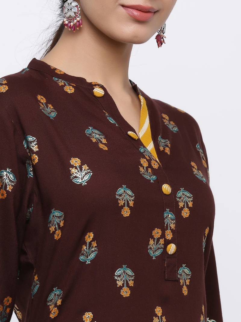 Women's Dark Brown  Cotton Gold Printed Straight Kurta & Palazzo Set