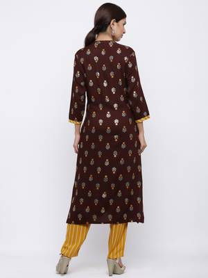 Women's Dark Brown  Cotton Gold Printed Straight Kurta & Palazzo Set 3