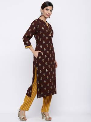 Women's Dark Brown  Cotton Gold Printed Straight Kurta & Palazzo Set 4