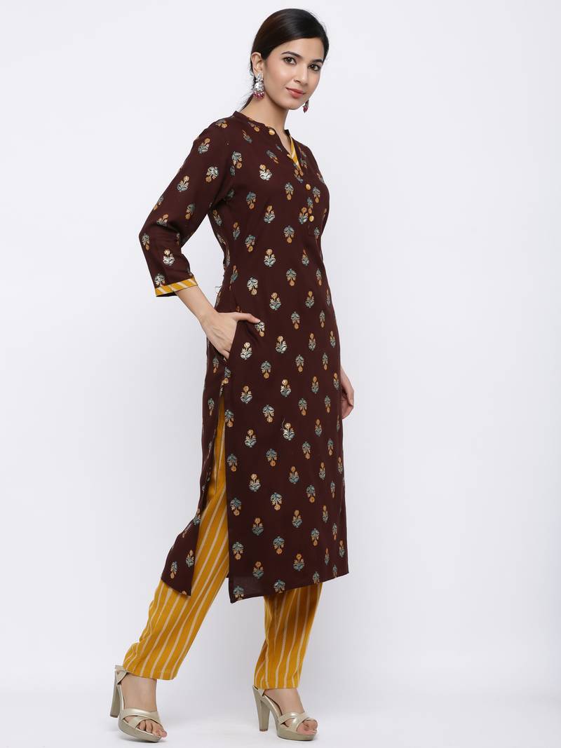 Women's Dark Brown  Cotton Gold Printed Straight Kurta & Palazzo Set