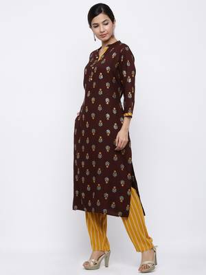 Women's Dark Brown  Cotton Gold Printed Straight Kurta & Palazzo Set 5