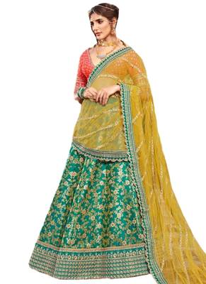 Green Coloured Brocade Embroidered Lehenga Choli With Dupatta 1