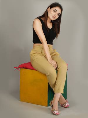 Beige plain cotton trousers 4