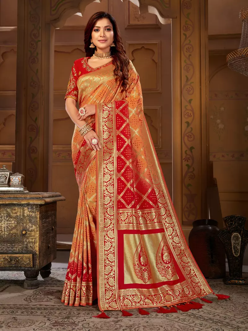 Yellow woven banarasi saree with blouse