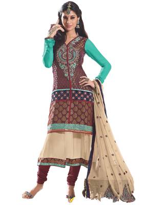 Beige Embroidered Georgette semi stitched salwar with dupatta 1