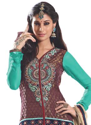Beige Embroidered Georgette semi stitched salwar with dupatta 2