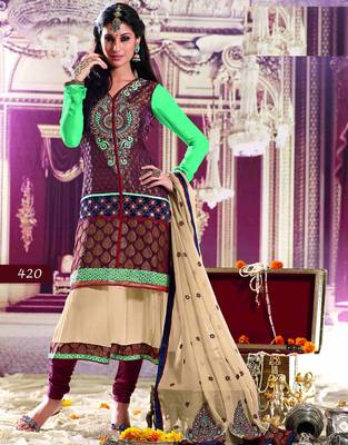 Beige Embroidered Georgette semi stitched salwar with dupatta 4