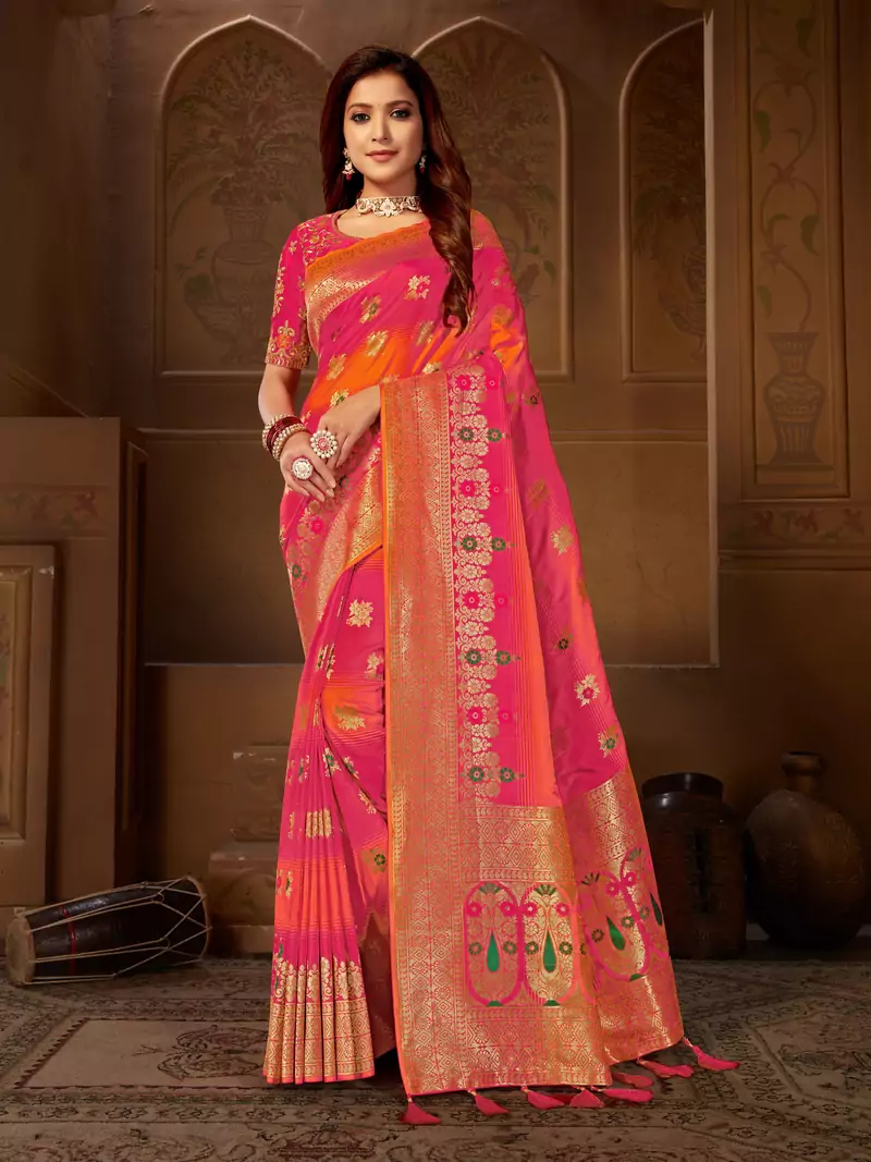Orange woven silk blend  saree with blouse
