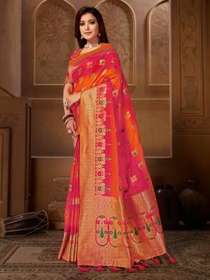 Orange woven silk blend  saree with blouse 2
