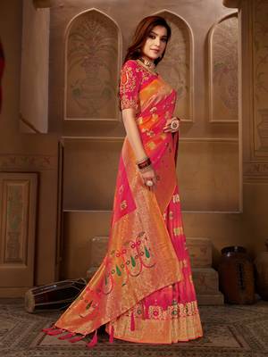 Orange woven silk blend  saree with blouse 3