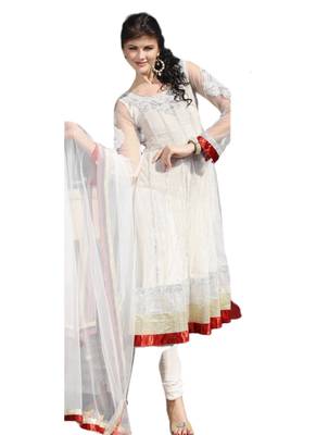 White Embroidered Net semi stitched salwar with dupatta 1
