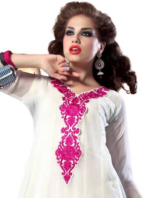 White Embroidered Georgette semi stitched salwar with dupatta 2