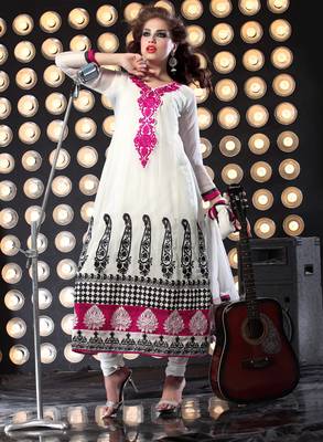 White Embroidered Georgette semi stitched salwar with dupatta 4