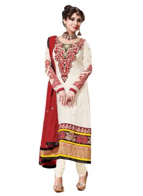 Cream embroidered Georgette unstitched salwar with dupatta 1