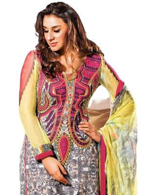 multicolor embroidered Crepe unstitched salwar with dupatta 2