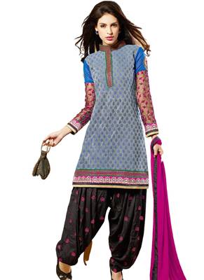 Grey embroidered Crepe unstitched salwar with dupatta 1