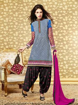 Grey embroidered Crepe unstitched salwar with dupatta 4