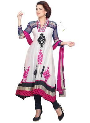 White Embroidered Georgette semi stitched salwar with dupatta 1