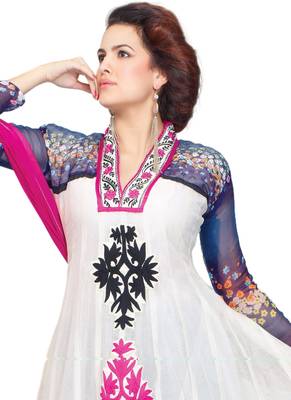 White Embroidered Georgette semi stitched salwar with dupatta 2