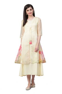 Cream printed rayon long-kurtis 1
