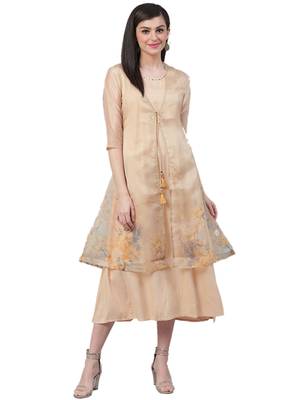 Beige printed rayon long-kurtis 1