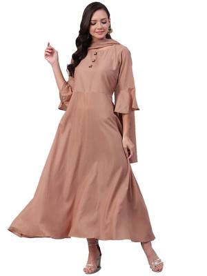 Beige plain satin long-kurtis 1