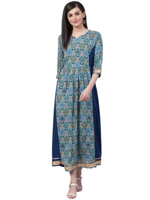 Blue printed rayon long-kurtis 1