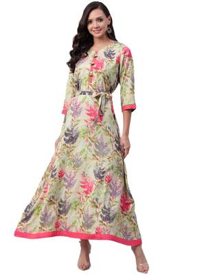 Cream printed rayon long-kurtis 1