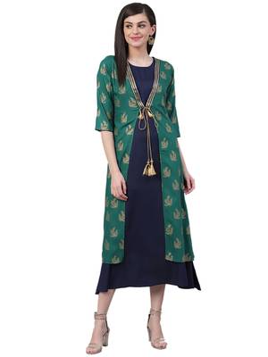 Dark-green printed rayon long-kurtis 1