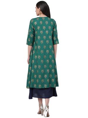 Dark-green printed rayon long-kurtis 2