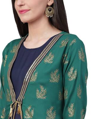 Dark-green printed rayon long-kurtis 4