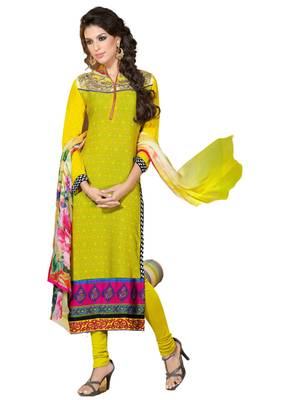 Yellow embroidered Crepe unstitched salwar with dupatta 1