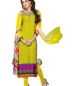 Yellow embroidered Crepe unstitched salwar with dupatta
