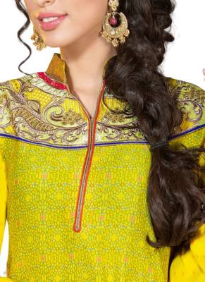 Yellow embroidered Crepe unstitched salwar with dupatta 2