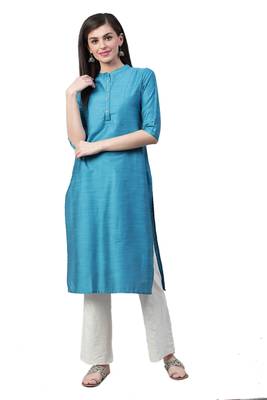 Turquoise plain art silk ethnic-kurtis 1