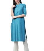 Turquoise plain art silk ethnic-kurtis