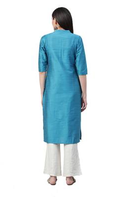 Turquoise plain art silk ethnic-kurtis 2