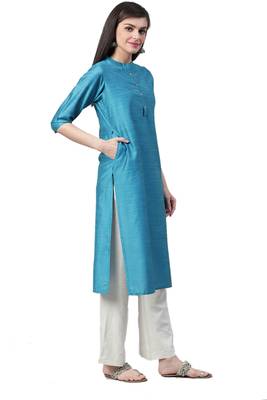 Turquoise plain art silk ethnic-kurtis 3