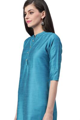 Turquoise plain art silk ethnic-kurtis 4